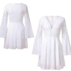 Cute Boho White Crochet Lace Bell Arm Mini Dress